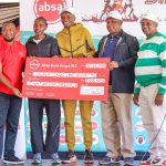Absa Bank Kenya Head of Sustainability and Corporate Affairs, Charles Wokabi (Center), presents a Ksh. 8 million cheque to Athletics Kenya President, Lt Gen. (Rtd) Jack Tuwei. Looking on are 2025 Sirikwa Classic defending champions Agnes Jebet Ngetich, Daniel Ebenyo and Sirikwa Classic CEO Barnabas Korir.