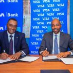 Left to right, Kihara Maina, Regional CEO of I&M Group, and Chad Pollock, Vice President and General Manager for East Africa at Visa pose for a photo following the signing of a Memorandum of Understanding that formalizes a strategic partnership between the two institutions.