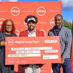 Absa Bank Kenya Marketing and Corporate Affairs Director Mwihaki Wachira presents a KES. 2 million cheque reward to pro golfer Njoroge Kibugu and his caddie Bo Ciera following his remarkable performance at the 2026 Magical Kenya Open presented by Absa in February.