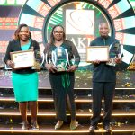 From left) Old Mutual General Insurance Kenya agents Dorcas Owino, Beatrice Kariuki, and Stephen Mogaka display their awards during the Association of Kenya Insurers (AKI) Agents Awards 2026 in Nairobi.