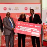 Absa Bank Kenya Marketing and Corporate Affairs Director Mwihaki Wachira (Centre) presents the sponsorship cheque for the Absa Kip Keino Classic 2026 to Athletics Kenya Competition Director Kennedy Tanui,  Vice President Jinaro Kibet (2nd Right), Competition Director Kennedy Tanui, Senior Vice President Paul Mutwii, and Meet Director Barnabas Korir during the Absa Kip Keino Classic media launch.