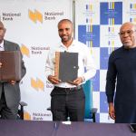 George Odhiambo, Managing Director, National Bank of Kenya; Martin Kariuki, General Manager, Vipingo Development and Ralph Opara, Access Bank Regional Managing Director, East Africa and Country Managing Director, Kenya, during the NBK–Centum MoU signing in Vipingo, Kilifi.