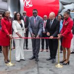 In the middle from the left, Hon Ms. Teresia Mbaika, CBS, Principal Secretary, State Department for Aviation and Aerospace Development, Hon. Mr. Davis Chirchir EGH, Cabinet Secretary for Roads and Transport  and Dr. Captain George Kamal, Ag Group Managing Director & CEO at Kenya Airways during the flag off event for the B777-300ER (KQ's Largest Aircraft) to London.