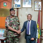 Acting Chief Executive and Head of Personal and Private
Banking, Stanbic Bank Kenya and South Sudan, Abraham
Ongenge (R) all smiles with The Deputy Inspector General
(DIG), Head of Administration Police Service, Gilbert Masengeli
(L), during the ground breaking ceremony for the construction
of a guard house at the facility.