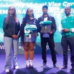 Sheila Changangu, Marketing Director, Visa East Africa, and Andrew Kabeke, CEO, Safaricom Money Transfer Services Limited, reward M-Pesa GlobalPay Virtual Visa card customers Ashley Kibara and Mayaka Hassan at the Semi-Final Watch Party