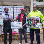 From left:Stella Kibocha, NTSA; Elvis Ikatwa, Upper Hill School teacher; Toyota Kenya Academy CSR Manager Moses Wanami; PC Hassan Adan; and Inspector Maingi Muteti during the handover of road safety learning materials to teachers at the Kenya Scouts Association.