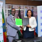 African Development Bank(AfDB) Director General EA Dr.Alex Mubiru & Family Bank CEO Nancy Njau during the MOU signing where Family Bank secured a USD 10 million Trade Finance Line of Credit to boost trade in Kenya.